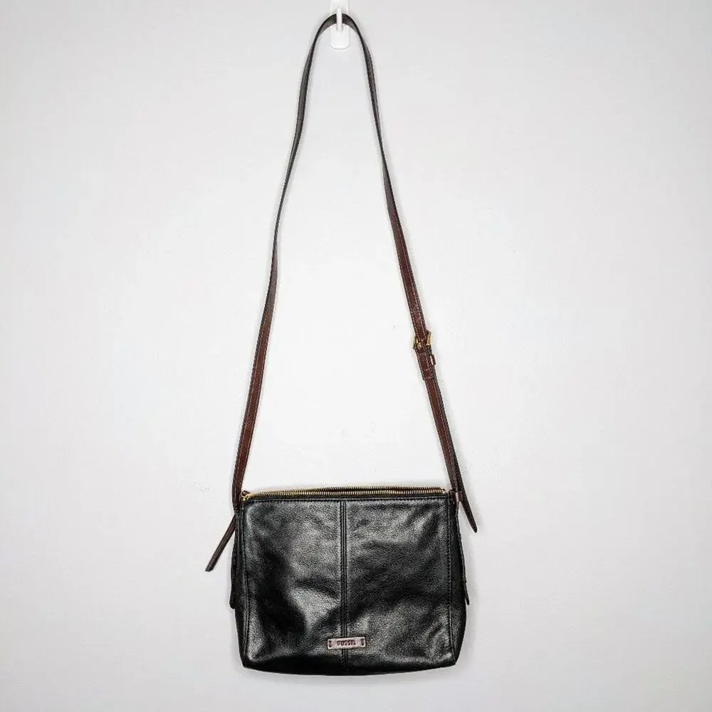Fossil Black Gold Leather Zip Top Crossbody Bag